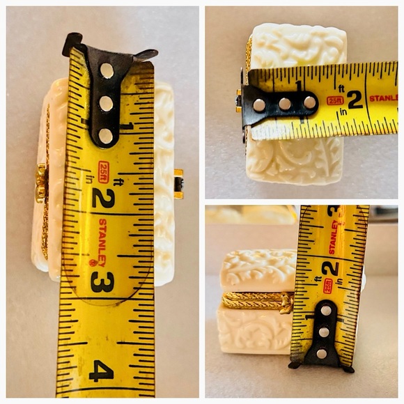 VINTAGE Hollywood Regency Ivory Ceramic Trinket Box w Gold Trim Bow & Hinge - Picture 16 of 16